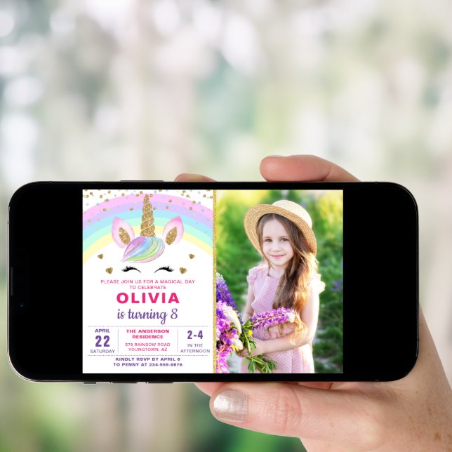 Magical Rainbow Gold Unicorn Girl Photo Birthday Invitation (Front Digital)
