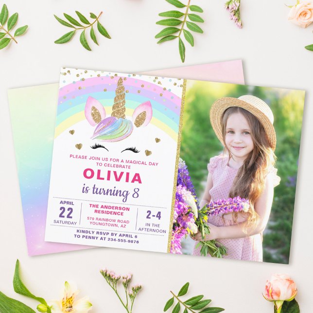 Magical Rainbow Gold Unicorn Girl Photo Birthday Invitation (Creator Uploaded)