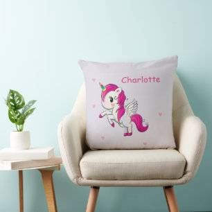 Magical rainbow horn unicorn custom name throw pillow