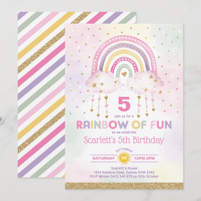 Magical Rainbow Pink Gold Clouds Girls Birthday Invitation (Front/Back)