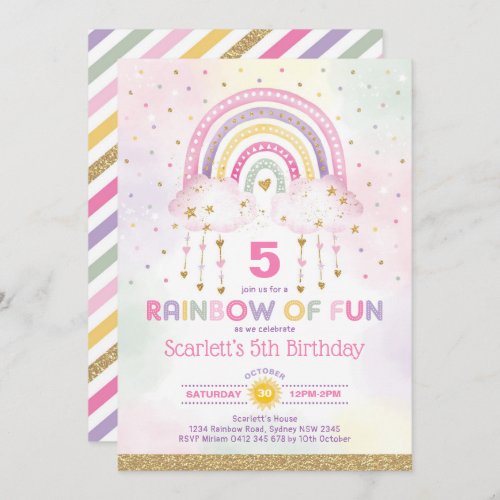 Magical Rainbow Pink Gold Clouds Girls Birthday Invitation