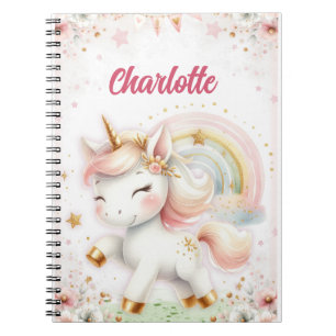 Magical Rainbow Pink Unicorns Spiral Notebook wate