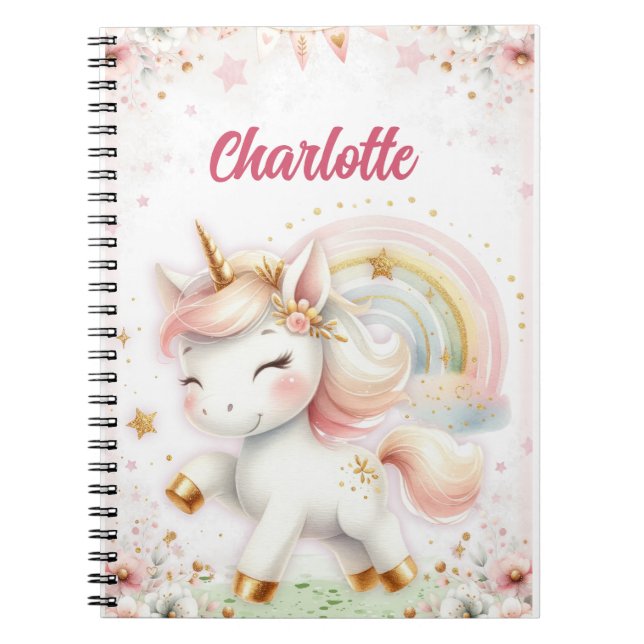 Magical Rainbow Pink Unicorns Spiral Notebook wate (Front)