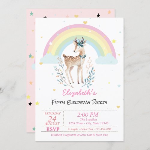 Magical Rainbow Reindeer Stars Birthday Invitation