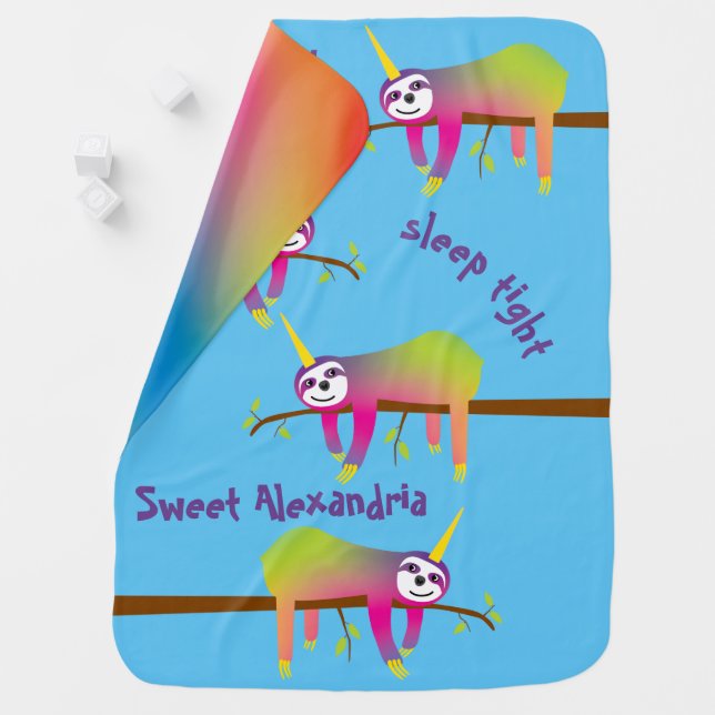 Magical Rainbow Slothicorns Custom Name Baby Blanket (In Situ)