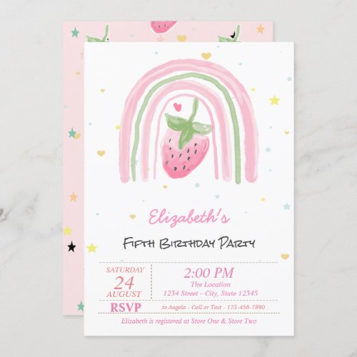 Magical Rainbow Strawberry Stars Birthday  Invitation