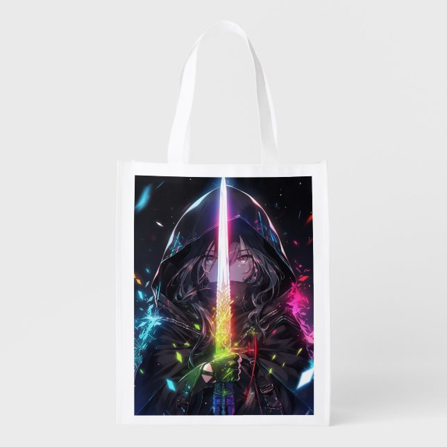 Magical Rainbow Sword Anime Girl Grocery Bag (Front)