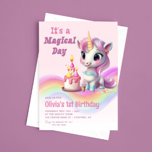 Magical Rainbow Unicorn 1st Birthday Invitation