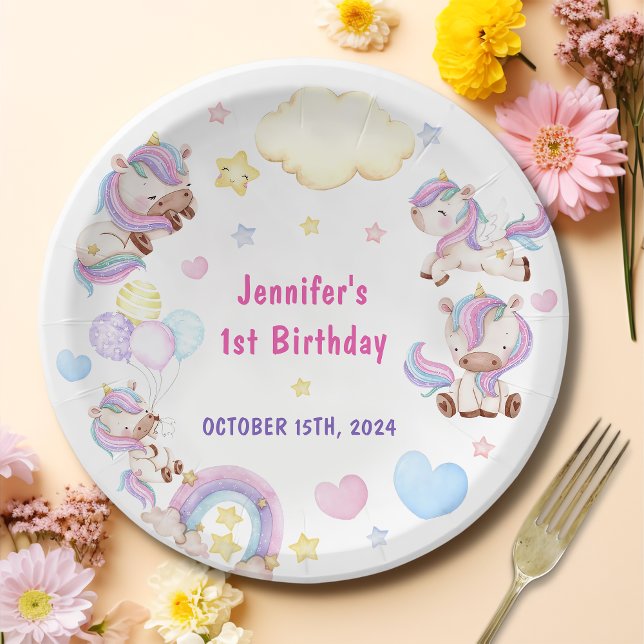 Magical Rainbow Unicorn 1st Birthday Party  Paper Plates (Creator Uploaded)