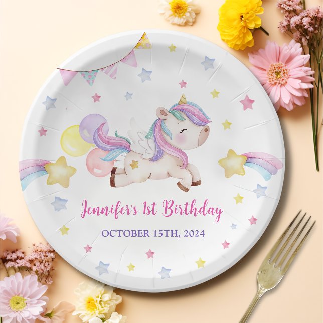 Magical Rainbow Unicorn 1st Birthday Party  Paper Plates (Creator Uploaded)