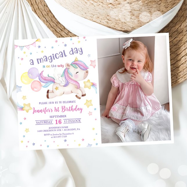 Magical Rainbow Unicorn 1st Birthday Party Photo  Invitation (Creator Uploaded)