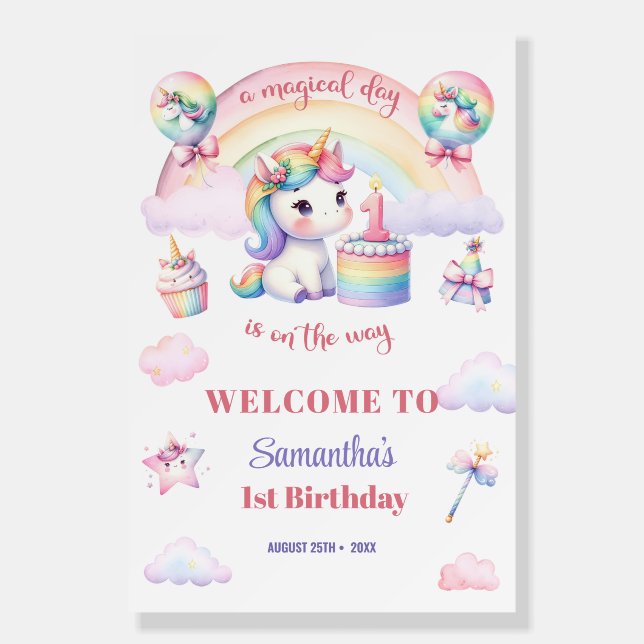 Magical Rainbow Unicorn 1st Birthday Welcome sign (Front)