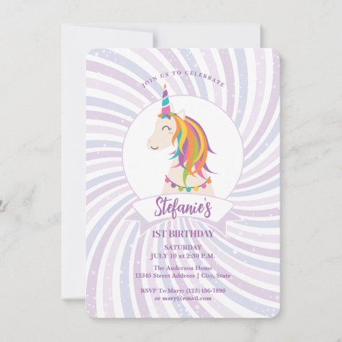 Magical Rainbow Unicorn Baby Girl 1st Birthday Invitation