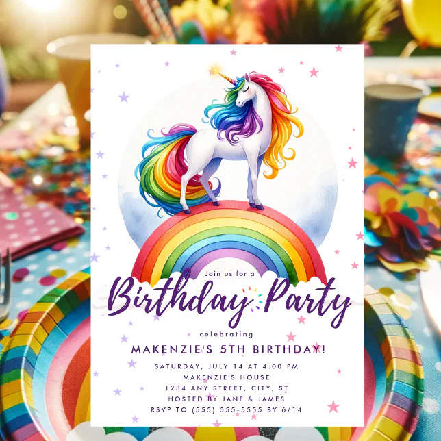 Magical Rainbow Unicorn Birthday Invitation | Zazzle