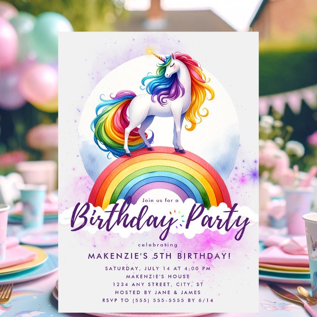 Magical Rainbow Unicorn Birthday Invitation (Rainbow unicorn birthday invitation)