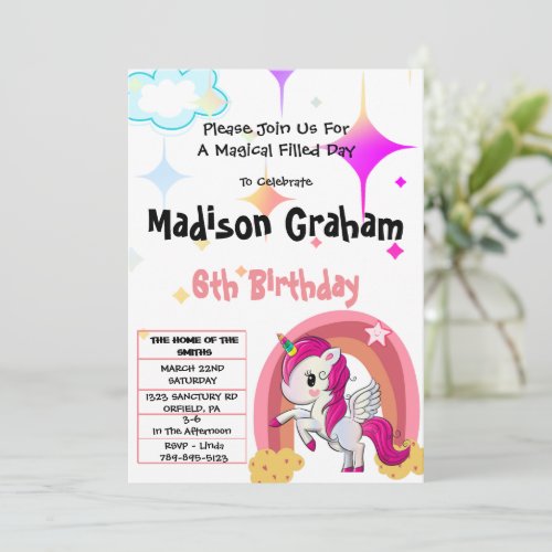 Magical Rainbow Unicorn Birthday Invitation