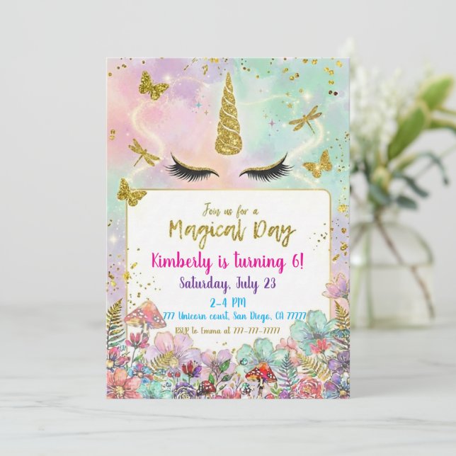 Magical Rainbow Unicorn Birthday Invitations (Standing Front)