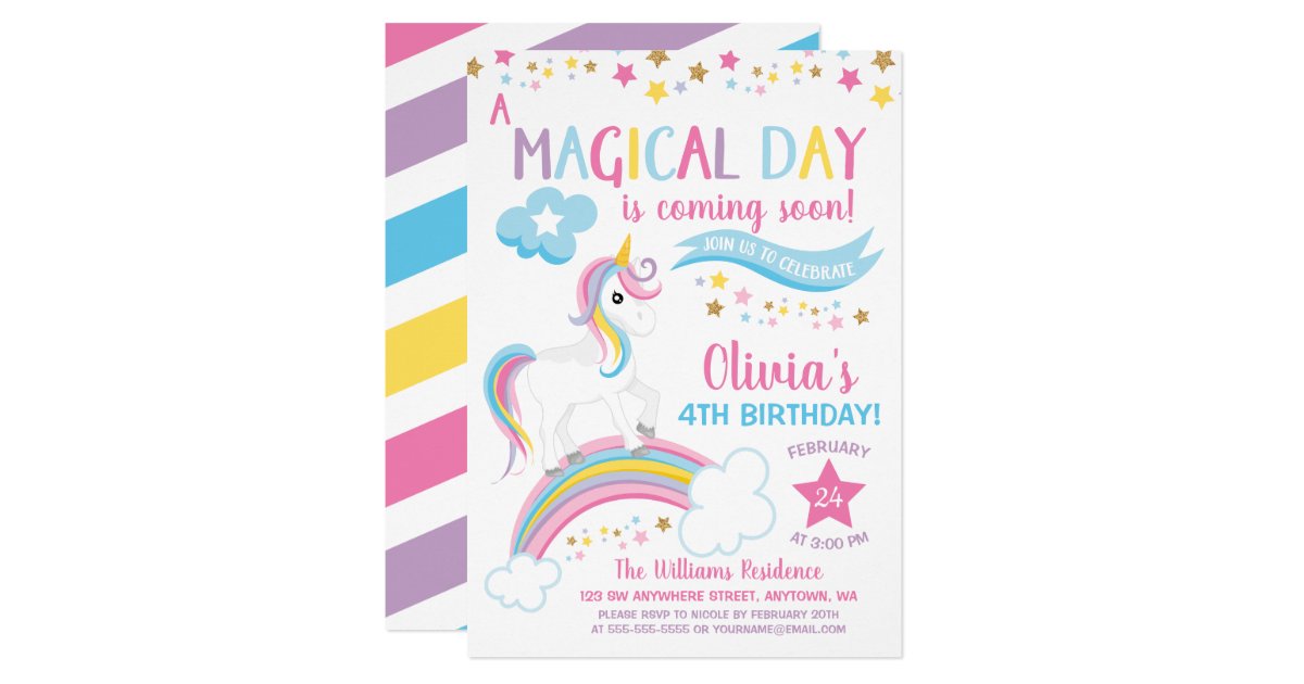 Magical Rainbow Unicorn Birthday Invitations Zazzle Com