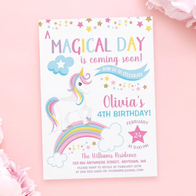 Magical Rainbow Unicorn Birthday Invitations | Zazzle