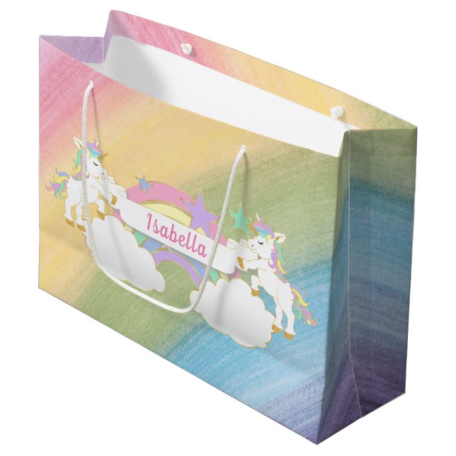 Magical Rainbow Unicorn Birthday Large Gift Bag (Front Angled)