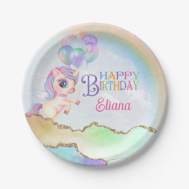 Magical Rainbow Unicorn Birthday Paper Plates (Front)