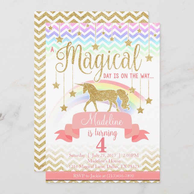 Magical Rainbow Unicorn Birthday Party Invitation (Front/Back)