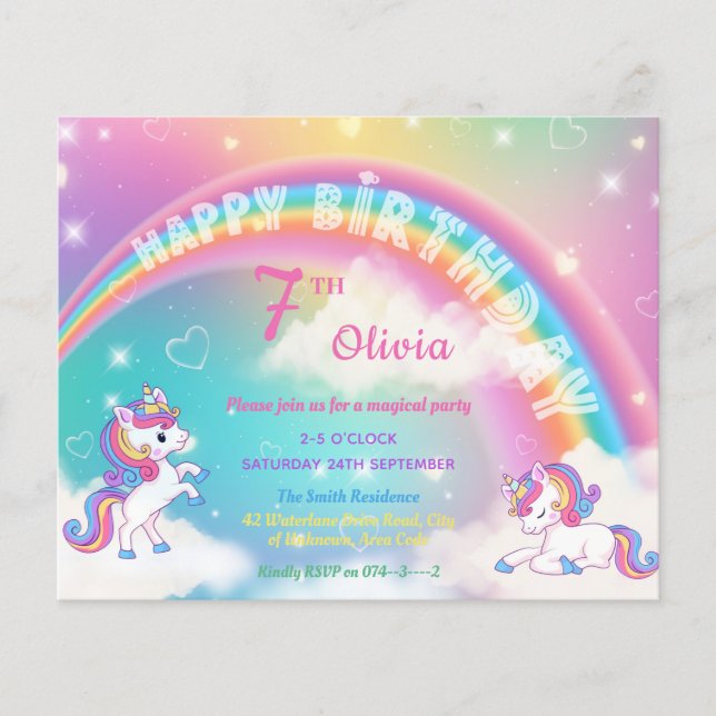 Magical Rainbow Unicorn Birthday Party Invitation (Front)
