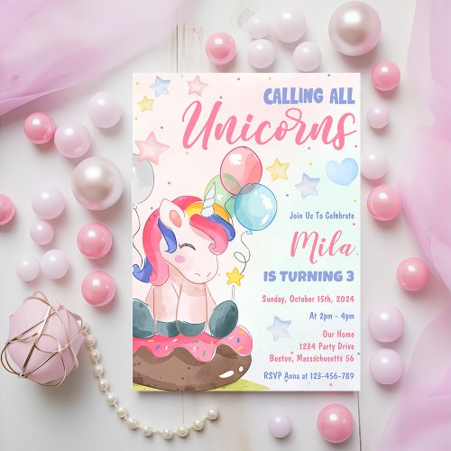 Magical Rainbow Unicorn Birthday Party  Invitation