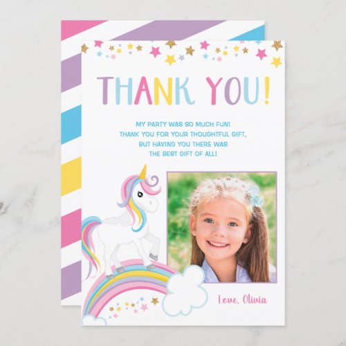 Magical Rainbow Unicorn Birthday Photo Flat Thank You Card