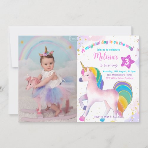 Magical Rainbow Unicorn Birthday Photo Invitation