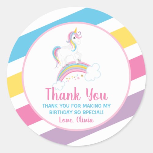 Magical Rainbow Unicorn Birthday Thank You Favors Classic Round Sticker