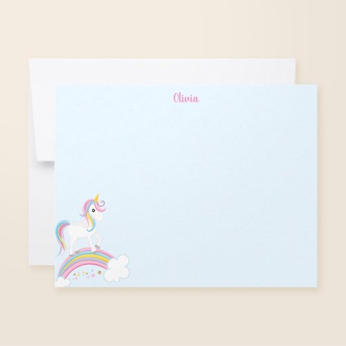 Magical Rainbow Unicorn Blue Personalized Note Card