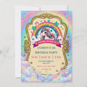 Magical Rainbow Unicorn Clouds Kids Birthday Invitation