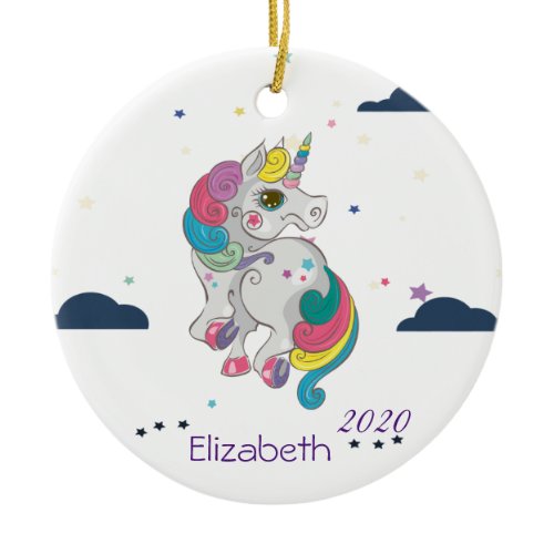 Magical Rainbow Unicorn, Clouds, Stars Ceramic Ornament