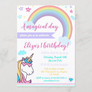 Magical Rainbow Unicorn Face Cute Girls Birthday Invitation