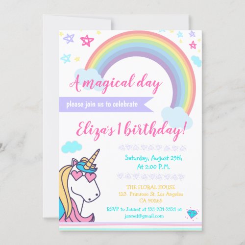 Magical Rainbow Unicorn Face Cute Girls Birthday Invitation