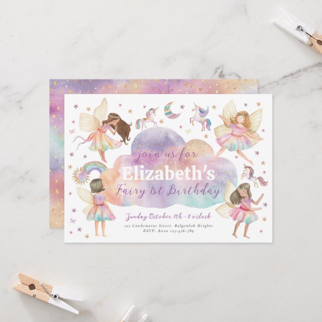 Magical Rainbow Unicorn Fairy First Birthday Invitation (Front/Back In Situ)