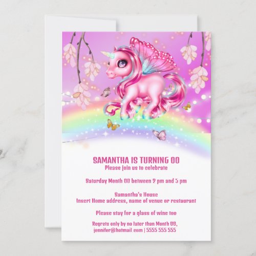 Magical rainbow unicorn fantasy butterfly wings invitation