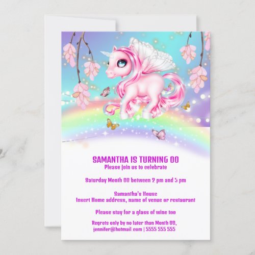 Magical rainbow unicorn fantasy girls birthday invitation