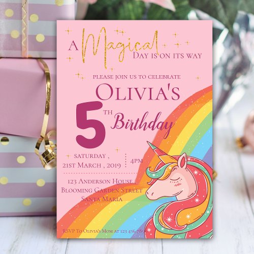 Magical Rainbow Unicorn Faux Glitter Birthday Invitation