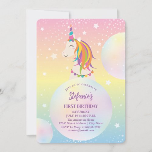 Magical Rainbow Unicorn Girl 1st Birthday Invitation