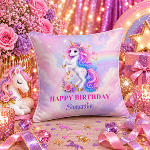 Magical Rainbow Unicorn Girl Birthday Accent Pillo Throw Pillow