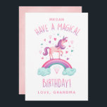 Magical Rainbow Unicorn Girl Birthday Card<br><div class="desc">A cute pink unicorn surrounded with hearts and standing on a rainbow decorates this cute girl unicorn birthday card. Personalize it for your favorite girl's birthday. Designed for you by Blackberry Boulevard.</div>