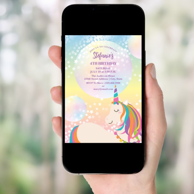 Magical Rainbow Unicorn Girl Birthday Party Invitation (Front Digital)