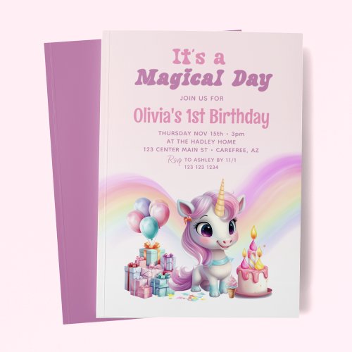 Magical Rainbow Unicorn Girls Birthday Invitation
