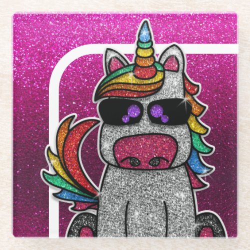 Magical Rainbow Unicorn Glitter Whimsical Birthday Glass Coaster