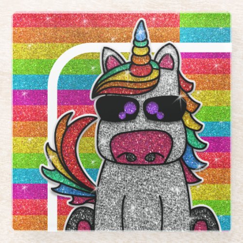 Magical Rainbow Unicorn Glitter Whimsical Birthday Glass Coaster