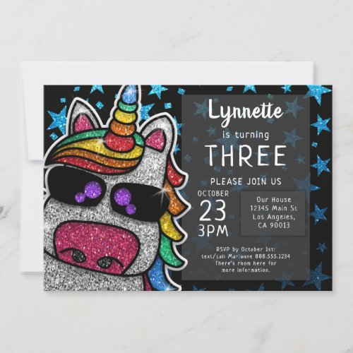 Magical Rainbow Unicorn Glitter Whimsical Birthday Invitation