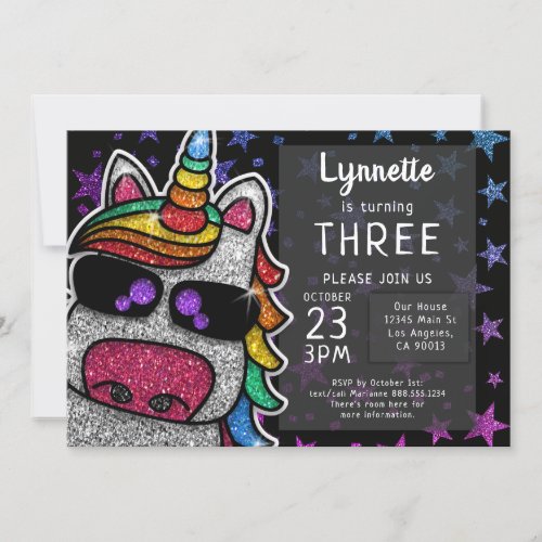 Magical Rainbow Unicorn Glitter Whimsical Birthday Invitation