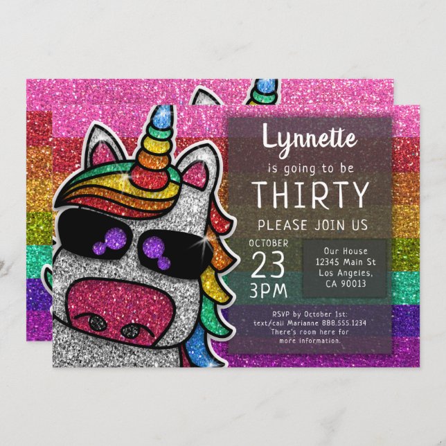 Magical Rainbow Unicorn Glitter Whimsical Birthday Invitation (Front/Back)